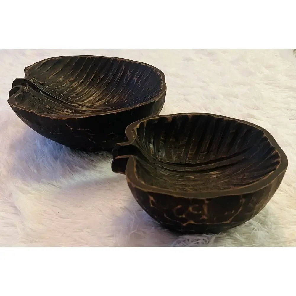 Set 2 Mango Wood Bowls Leaf Hand Carved Decor‎ Vintage Boho Tropical Indonesia